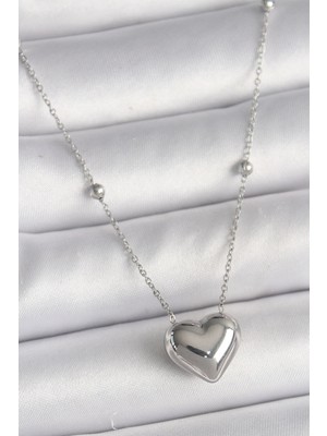 Dekofon 316L Çelik Gümüş Renk Topçuk Detay Zincir Kalp Model Kadın Kolye