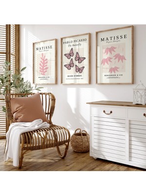Pam Studio Pembe Minimalist Matisse & Picasso 3’lü Ahşap Tablo Seti – Modern Bohem Duvar Dekoru