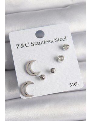 Dekofon 316L Çelik Gümüş Renk Zirkon Taşlı Hilal Model Kadın Küpe Seti