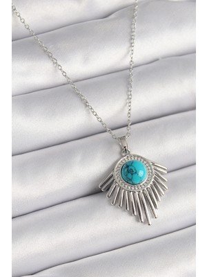 Dekofon 316L Çelik Gümüş Renk Zincir Mavi Boncuklu Zirkon Taşlı Kadın Kolye