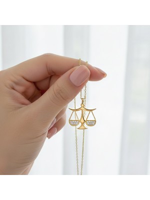 Vaoov 925 Ayar Gümüş Gold Terazi Burcu Kolye
