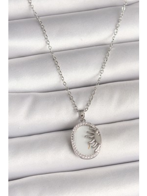Dekofon 316L Çelik Gümüş Renk Zincir Beyaz Mineli Gün Batımı Model Zirkon Taş Detaylı Kadın Kolye