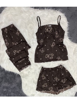 Yazlık Pegasus Kumaş 3 Lü Set Ayıcık Desenli Kadın Pijama Takımı