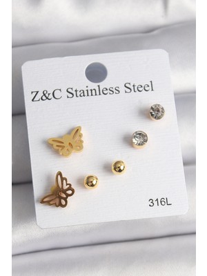BYZM 316L Çelik Gold Renk Zirkon Taşlı Kelebek Figür Kadın Küpe Seti