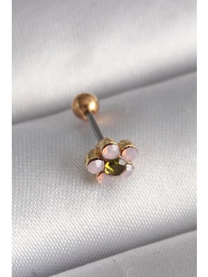 BYZM 316L Çelik Gold Renk Zirkon Taşlı Çiçek Tragus Piercing
