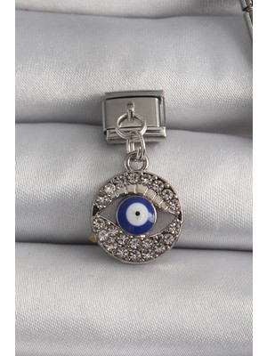 Dekofon 316L Çelik Gümüş Renk Sallantı Zirkon Taşlı Göz Model Nazar Boncuk Detay Nomination Charm