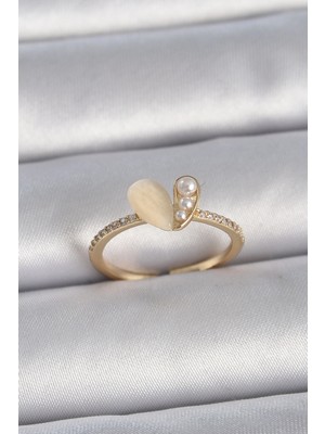 Dekofon Pirinç Gümüş Renk Ayarlanabilir Zirkon Taşlı Beyaz Mineli Kalp Model Kadın Yüzük