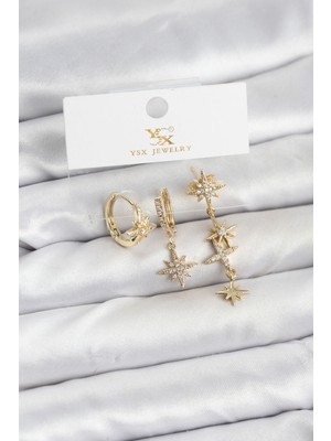 Ayder Timya Pirinç Gold Renk Zirkon Taşlı Kutup Yıldızı Model YSX Trio Küpe Seti - TJ-BKP11564 TG/Tmya1395 226951