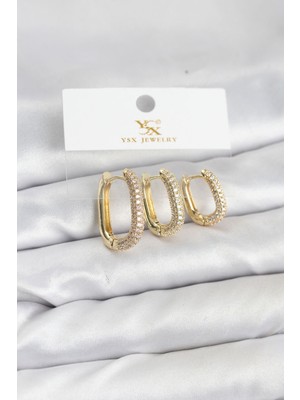 Ayder Timya Pirinç Gold Renk Zirkon Taşlı Halka Model YSX Trio Küpe Seti - TJ-BKP11570 TG/Tmya1395 226957