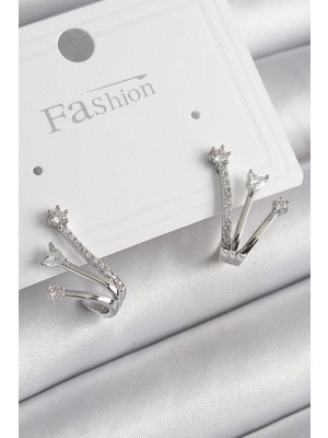 Dekofon Pirinç Gümüş Renk Zirkon Taşlı Kadın Küpe