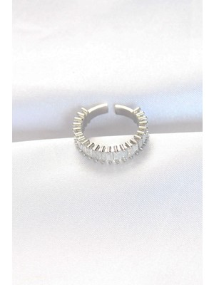 Dekofon Sıralı Baget Taşlı Silver Renk Ayarlanabilir Yüzük