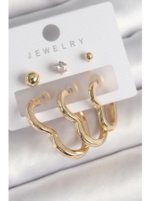 Dekofon Pirinç Gold Renk Kalp Model Zirkon Taşlı Topçuk Detay Kadın Küpe Seti