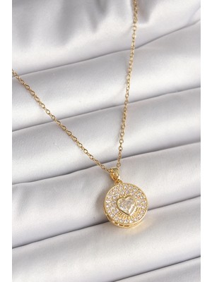 BYZM 316L Çelik Gold Renk Zincir Madalyon Zirkon Taşlı Kalp Model Kadın Kolye