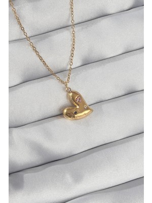 BYZM 316L Çelik Zincir Gold Renk Renkli Zirkon Taşlı Kalp Kolye