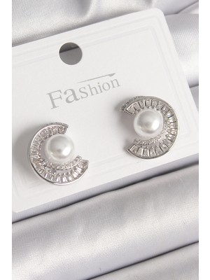 Dekofon Pirinç Gümüş Renk Zirkon Taşlı Salyangoz Model Inci Detay Kadın Küpe