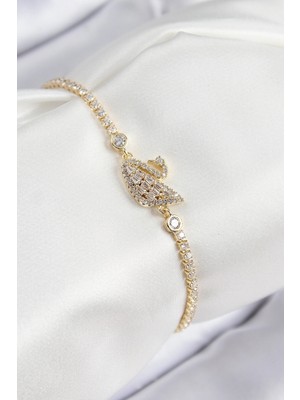 Dekofon Pirinç Zirkon Taşlı Kuğu Model Gold Renk Kadın Bileklik