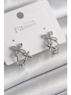 Dekofon Pirinç Gümüş Renk Zirkon Taşlı 2'li Çiçek Model Kadın Küpe