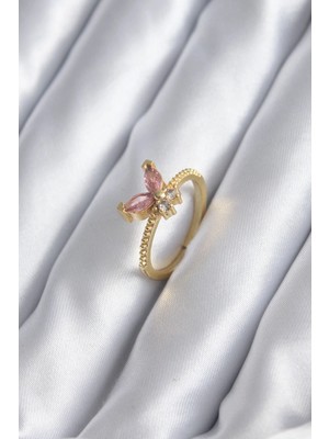 Dekofon Gold Renk Pembe Zirkon Taşlı Kelebek Model Kadın Yüzük