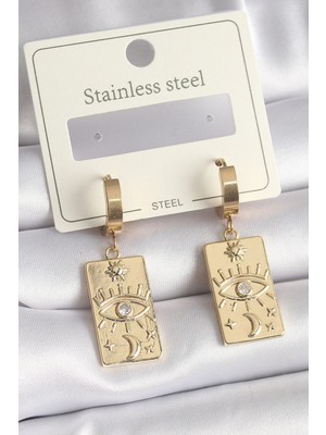 Dekofon 316L Çelik Gold Renk Zirkon Taşlı Göz Işleme Detay Plaka Model Kadın Küpe