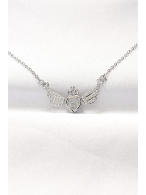 Dekofon 316L Çelik Silver Renk Zirkon Taşlı Kalpli Kanat Kolye