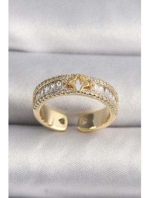 BYZM Pirinç Gold Renk Zirkon Taşlı Yıldız Işleme Vıp Seri Kadın Yüzük