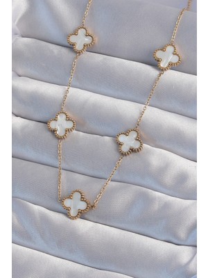 BYZM 316L Çelik Gold Renk Beyaz Sedefli Yonca Kolye