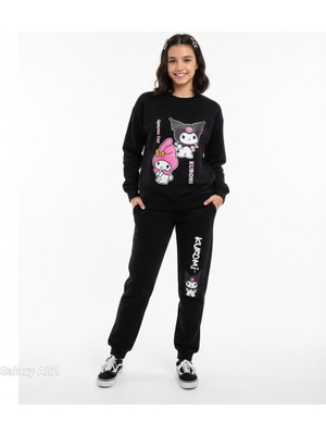 Kız Çocuk Kuromi Takım Siyah 3 Iplik Fırçalı Kumaş Yumşak Rahat