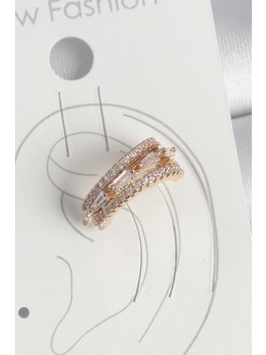Mercansa Pirinç Gold Renk Zirkon Taşlı 3'lü Sıralı Model Kadın Kıkırdak Küpe