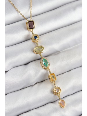 BYZM Pirinç Renkli Zirkon Taşlı Model Gold Renk 7 Element Kadın Y Kolye