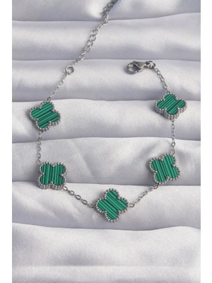 TE Dükkan 316L Çelik Gümüş Renk Çizgili Yeşil Mineli Yonca Bileklik