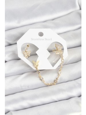 Mercansa Kelebek Model Pirinç Gold Renk Zincir Bağlantılı Ear Cuff Küpe Seti