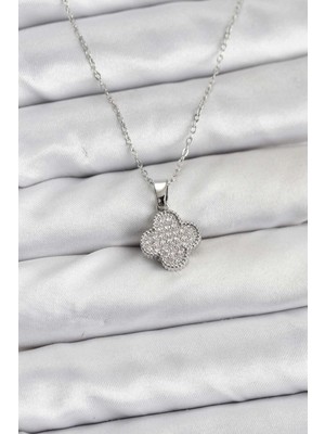 Mercansa 316L Çelik Zincir Gümüş Renk Zirkon Taşlı Yonca Model Kadın Kolye