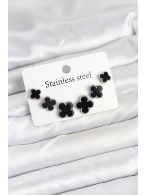 TE Dükkan 316L Çelik Gümüş Siyah Renk 3 Boy Yonca Küpe Seti