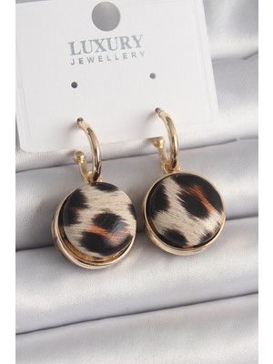 Mercansa Pirinç Gold Renk Leopar Desenli Daire Model Kadın Küpe