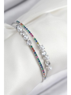 Mercansa Pirinç Zirkon Taşlı Inci Model Gümüş Renk Kadın Bileklik