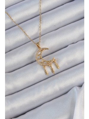 Mercansa 316L Çelik Zincir Altın Renk Işlemeli Zirkon Taşlı Ay Kolye