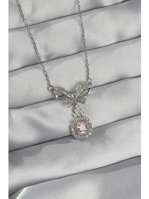 TE Dükkan 316L Çelik Gümüş Renk Fiyonk Detay Pembe Zirkon Taşlı Tektaş Kolye