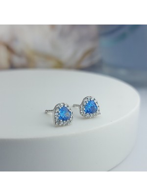 Vaoov 925 Ayar Gümüş Mavi Taşlı Minimal Kalp Küpe