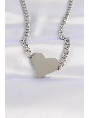 TE Dükkan 316L Çelik Zincir Gümüş Renk Düz Plaka Kalp Kolye