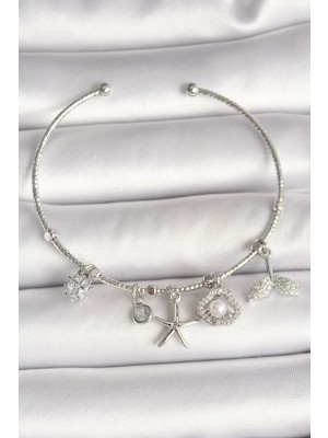 Mercansa Pirinç Gümüş Renk Sallantı Zirkon Taşlı Deniz Yıldız Figür Balık Kuyruğu Detay Charm Kadın Bileklik