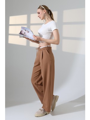 Lubiti Wide Leg Kumaş Palazzo Pantolon/beli Bağcıklı Beyaz Garni Deteylı Ferumar Kapamalı