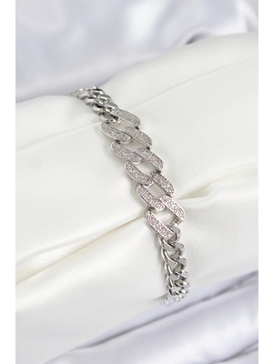 Nehir Pirinç Zirkon Taşlı Ezme Küba Zincir Model Gümüş Renk Kadın Bileklik