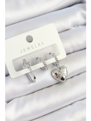 Mercansa Pirinç Zirkon Taşlı Kalp Model Gümüş Renk 3'lü Çift Kadın Küpe Set