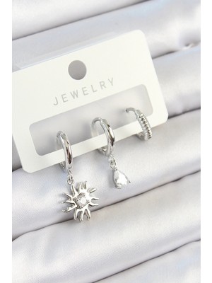 Mercansa Pirinç Zirkon Taşlı Güneş Model Gümüş Renk 3'lü Çift Kadın Küpe Set