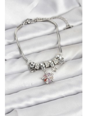 Mercansa Pirinç Gümüş Renk Renkli Yıldız Charmlı Kadın Bileklik