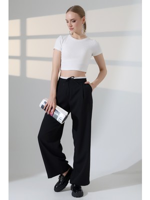 Lubiti Wide Leg Kumaş Palazzo Pantolon/beli Bağcıklı Beyaz Garni Deteylı Ferumar Kapamalı