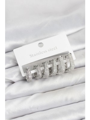 BYZM 316L Çelik Gümüş Renk Zirkon Taşlı Damla Halka Küpe Seti