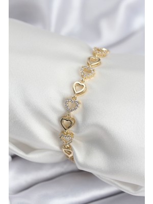 Nehir Pirinç Vıp Seri Gold Renk Sıralı Kalp Model Kadın Bileklik