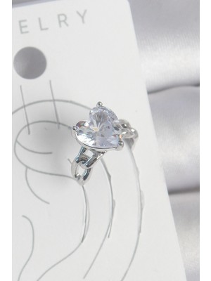 TE Dükkan Pirinç Gümüş Renk Zirkon Taşlı Kalp Model Kadın Kıkırdak Küpe