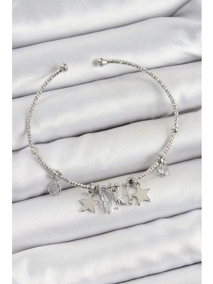 Mercansa Pirinç Zirkon Taşlı Kelebek ve Yıldız Model Gümüş Renk Charm Bileklik